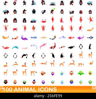 100 Tiersymbole gesetzt. Zeichentrickillustration von 100 Tiersymbolen Vektorsatz isoliert auf weißem Hintergrund. 100 Tiersymbole im Cartoon-Stil Stock Vektor