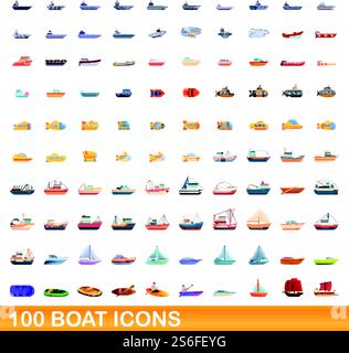 100 Bootssymbole eingestellt. Zeichentrickillustration von 100 Bootssymbolen Vektor-Set isoliert auf weißem Hintergrund. 100 Bootssymbole im Zeichentrickstil Stock Vektor