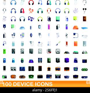 100 Gerätesymbole eingestellt. Zeichentrickdarstellung von 100 Gerätesymbolen Vektorsatz isoliert auf weißem Hintergrund. 100 Gerätesymbole, Zeichentrickstil Stock Vektor