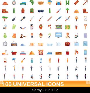 100 universelle Symbole. Zeichentrickillustration von 100 universellen Symbolen Vektor-Satz isoliert auf weißem Hintergrund. 100 universelle Symbole im Cartoon-Stil Stock Vektor