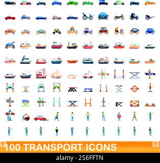 100 Transportsymbole eingestellt. Cartoon-Illustration von 100 Transport-Icons Vektor-Set isoliert auf weißem Hintergrund. 100 Transportsymbole im Cartoon-Stil Stock Vektor
