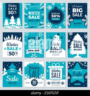 Weihnachtsangebot. Winter Werbeschriftungen Karten Werbung Sonderangebote Saisonverkauf und perfekte Angebote Vektorkarten Sammlung. Poster mit Preisnachlass für Weihnachtsaktionen, Illustration zum besten Preis. Weihnachtsangebot. Winter Werbeschriftungen Karten Werbung Sonderangebote Saisonverkauf und perfekte Angebote Vektorkarten Sammlung Stock Vektor