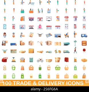 100 Symbole für Handel und Lieferung. Cartoon-Illustration von 100 Handels- und Liefersymbolen Vektor-Set isoliert auf weißem Hintergrund. 100 Symbole für Handel und Lieferung, Zeichentrickstil Stock Vektor