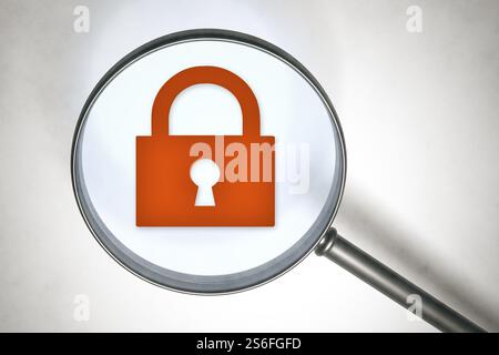 3D-Darstellung einer Lupe und eines Schlosszeichens Stockfoto