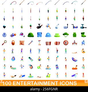 100 Entertainment-Symbole eingestellt. Zeichentrickillustration von 100 Unterhaltungssymbolen Vektor auf weißem Hintergrund lokalisiert. 100 Unterhaltungssymbole im Zeichentrickstil Stock Vektor