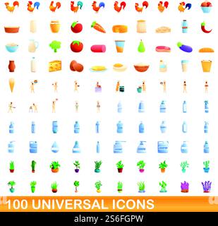 100 universelle Symbole. Zeichentrickillustration von 100 universellen Symbolen Vektor-Satz isoliert auf weißem Hintergrund. 100 universelle Symbole im Cartoon-Stil Stock Vektor