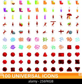 100 universelle Symbole. Zeichentrickillustration von 100 universellen Symbolen Vektor-Satz isoliert auf weißem Hintergrund. 100 universelle Symbole im Cartoon-Stil Stock Vektor