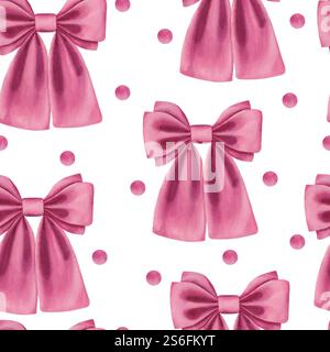 Nahtloses Aquarellmuster mit rosafarbenen Schleifen und Polka Dots Hintergrund. Für festliche Designs, Valentinstag. Stockfoto