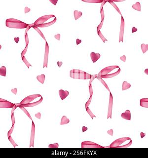 Nahtloses Muster mit pinken Schleifen und Herzen in Aquarellfarben. Illustration zum Valentinstag. Für Verpackungen, Schreibwaren, Textilien Stockfoto