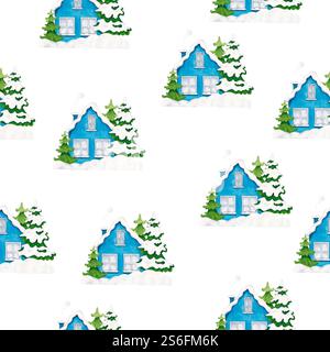 Nahtloses Muster mit blauem Haus mit schneebedecktem Dach, Tannen und Schneewehen. Handgezeichnete Illustration mit Aquarell. Stockfoto