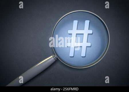 3d-Rendering eines Vergrößerungsglas Hashtag Zeichen Stockfoto