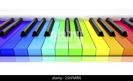 3D-Wiedergabe eines Klaviers mit regenbogenfarbenem Hintergrund Stockfoto