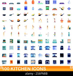 100 Küchen-Icons Set. Zeichentrickillustration von 100 Küchen-Icons Vektor-Set isoliert auf weißem Hintergrund. 100 Küchen-Ikonen im Zeichentrickstil Stock Vektor
