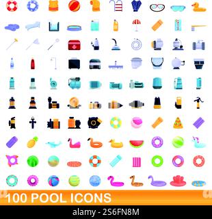 100 Pool-Symbole gesetzt. Zeichentrickillustration von 100 Pool-Icons Vektor auf weißem Hintergrund isoliert gesetzt. 100 Billardsymbole im Zeichentrickstil Stock Vektor