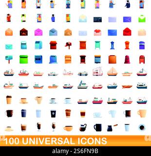 100 universelle Symbole. Zeichentrickillustration von 100 universellen Symbolen Vektor-Satz isoliert auf weißem Hintergrund. 100 universelle Symbole im Cartoon-Stil Stock Vektor