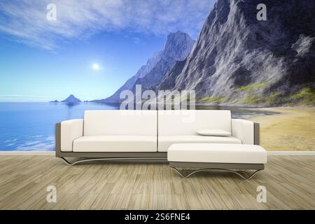 3D-Illustration eines Sofas vor einer Fototapete Ozean Stockfoto