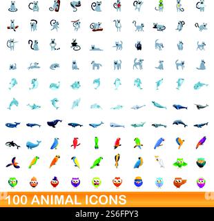 100 Tiersymbole gesetzt. Zeichentrickillustration von 100 Tiersymbolen Vektorsatz isoliert auf weißem Hintergrund. 100 Tiersymbole im Cartoon-Stil Stock Vektor