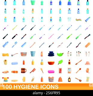 100 Hygienesymbole. Zeichentrickillustration von 100 Hygiene-Icons Vektor-Set isoliert auf weißem Hintergrund. 100 Hygiene-Icons Set, Cartoon-Stil Stock Vektor