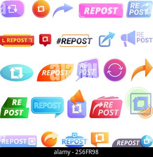 Symbolsatz für Neuposten. Zeichentricksatz von Repost-Vektorsymbolen für Webdesign. Reposte Symbole Set, Cartoon Style Stock Vektor