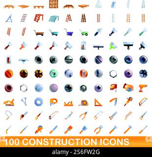 100 Bausymbole gesetzt. Zeichentrickillustration von 100 Bausymbolen Vektor-Set isoliert auf weißem Hintergrund. 100 Bausymbole im Cartoon-Stil Stock Vektor