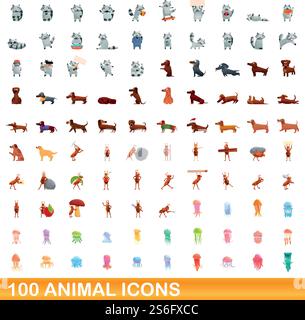 100 Tiersymbole gesetzt. Zeichentrickillustration von 100 Tiersymbolen Vektorsatz isoliert auf weißem Hintergrund. 100 Tiersymbole im Cartoon-Stil Stock Vektor