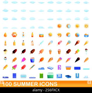100 Symbole für den Sommer. Zeichentrickillustration von 100 Sommer-Ikonen Vektor-Set isoliert auf weißem Hintergrund. 100 Sommer-Ikonen, Zeichentrickstil Stock Vektor