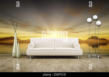 3D-Illustration eines Sofas vor einer Fototapete Sonnenuntergang Stockfoto