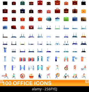 100 Bürosymbole. Cartoon-Illustration von 100 Büro-Icons Vektor-Set isoliert auf weißem Hintergrund. 100 Bürosymbole im Zeichentrickstil Stock Vektor