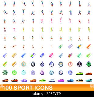 100 Sportsymbole eingestellt. Cartoon-Illustration von 100 Sport-Icons Vektor-Set isoliert auf weißem Hintergrund. 100 Sportsymbole im Zeichentrickstil Stock Vektor