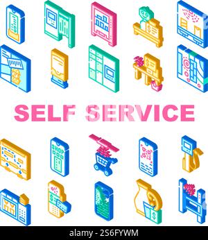 Self-Service-Symbole Für Sammlungen Festlegen Vektor. Selbstbedienungsroboter Kassierer Und Fotokiosk, Digitaler Scheck Und Terminal Für Isometrische Zeichenfarben. Self-Service-Symbole Für Sammlungen Festlegen Vektor Stock Vektor