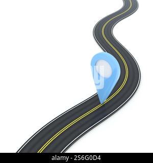 3d-Darstellung einer kurvenreichen Straße mit Point of Interest Stockfoto