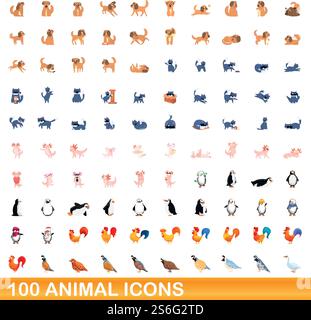 100 Tiersymbole gesetzt. Zeichentrickillustration von 100 Tiersymbolen Vektorsatz isoliert auf weißem Hintergrund. 100 Tiersymbole im Cartoon-Stil Stock Vektor