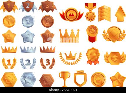 Rangfolge-Symbole festgelegt. Zeichentricksatz von Ranking-Vektorsymbolen für Webdesign. Ranking-Symbole gesetzt, Cartoon-Stil Stock Vektor