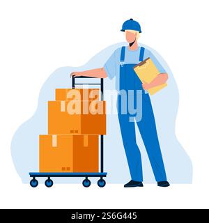 Transportdienstmitarbeiter Mit Wagenvektor. Transportmann, Der Kisten Mit Kundenbestellungswaren Liefert. Charakterkurier Bewegung Und Tragen Von Papppaketen Flache Zeichentrickfigur. Transportdienstmitarbeiter Mit Wagenvektor Stock Vektor