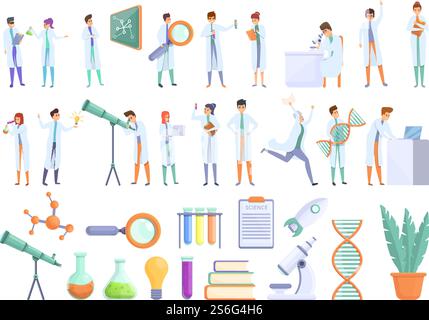 Symbolsatz für Forschungswissenschaftler. Zeichentricksatz von Wissenschaftlern Vektorsymbolen für Webdesign. Forschungswissenschaftler Ikonen Set, Cartoon-Stil Stock Vektor