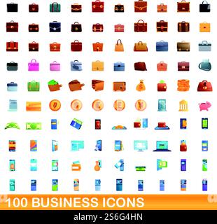 100 Symbole für Unternehmen. Zeichentrickillustration von 100 Business Icons Vektor auf weißem Hintergrund isoliert gesetzt. 100 Business-Ikonen im Cartoon-Stil Stock Vektor