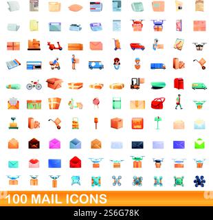 100 E-Mail-Symbole eingestellt. Zeichentrickdarstellung von 100 Mail-Symbolen Vektorsatz isoliert auf weißem Hintergrund. 100 E-Mail-Symbole im Zeichentrickstil Stock Vektor