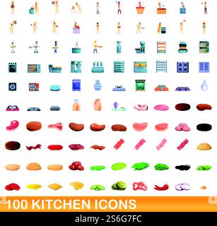 100 Küchen-Icons Set. Zeichentrickillustration von 100 Küchen-Icons Vektor-Set isoliert auf weißem Hintergrund. 100 Küchen-Ikonen im Zeichentrickstil Stock Vektor