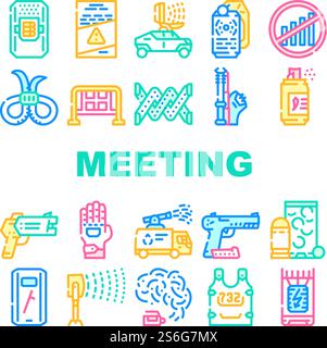 Protests Meeting Event Collection Symbole Set Vector. Mikrowellenpistole Und Traumatische Pistole, Wasserstrahl Und Body Armor Protests Gerätekonzept Lineare Piktogramme. Konturfarbe Illustrationen. Protests Meeting Event Collection Symbole Set Vector Stock Vektor