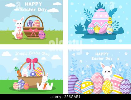 Happy Easter Day Flat Design Illustrationshintergrund für Poster, Einladung und Grußkarte. Kaninchen- und Eierkonzept Stock Vektor