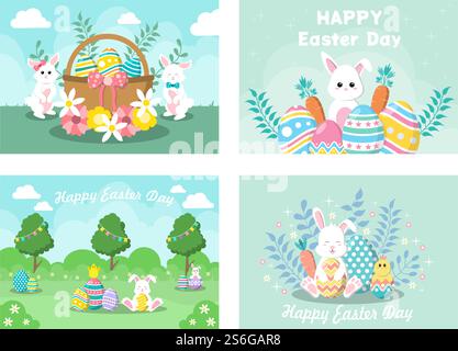Happy Easter Day Flat Design Illustrationshintergrund für Poster, Einladung und Grußkarte. Kaninchen- und Eierkonzept Stock Vektor