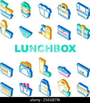 Lunchbox Geschirr Sammlung Icons Set Vektor. Rucksack Und Für Damen Lunchbox Und Thermos, Vakuum Und Falten, Für Vintage Und Sport Isometrische Schilderfarben Illustrationen. Lunchbox Geschirr Sammlung Icons Set Vektor-Illustration Stock Vektor