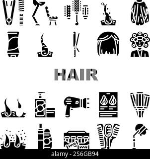 Gesundes Haar Behandlung Sammlung Symbole Set Vektor. Schreibwaren, Haarfön Und Schuppen, Shampoo Und Balsam Für Haare, Thermo Lockenwickler Und Perücke Glyph Piktogramme Schwarze Illustrationen. Gesundes Haar Behandlung Sammlung Symbole Set Vektor Stock Vektor
