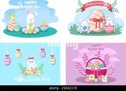 Happy Easter Day Flat Design Illustrationshintergrund für Poster, Einladung und Grußkarte. Kaninchen- und Eierkonzept Stock Vektor