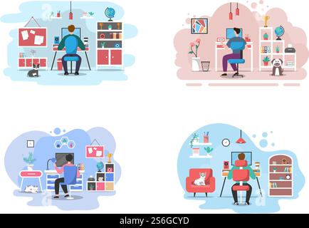 Vektor-Illustration Menschen während der Quarantäne von Coronavirus funktioniert auf Laptops und Computern zu Hause oder am Arbeitsplatz. Remote. Flaches Design Stock Vektor