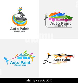 Autolackierung Logo mit Spritzpistole und einzigartigem farbenfrohen Fahrzeugkonzept Stock Vektor