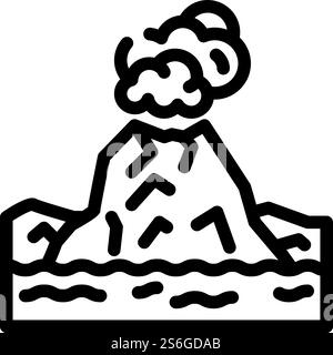 Insel mit Vulkan Linie Symbol Vektor. Insel mit Vulkanschild. Schwarze Abbildung des isolierten Kontursymbols. Insel mit Vulkanlinie Symbol Vektor Illustration Stock Vektor