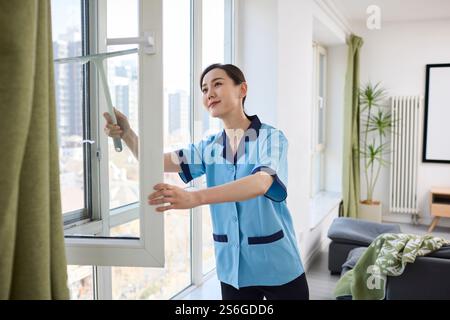 Eine Reinigungsfrau, die die Wohnung aufräumt Stockfoto