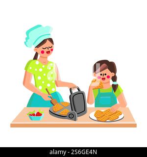 Waffle Maker Gerät Zum Kochen Von Cookies Vektor. Mutter Und Tochter Backen Waffelnahrung Mit Erdbeeren In Elektronischen Küchengeräten. Charaktere Frau Und Mädchen Cook Cakes Flat Cartoon Illustration. Waffle Maker Gerät Zum Kochen Von Cookies Vektor Stock Vektor