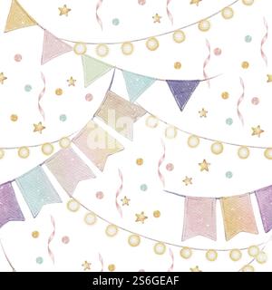 Nahtloses Muster von festlichen Fahnen und Girlanden in Aquarellfarben. Kann als festliches Design, Dekoration verwendet werden. Ideal zum Bedrucken von Tapeten, Geschenkpapier, Grußkarten, Textilien Stockfoto